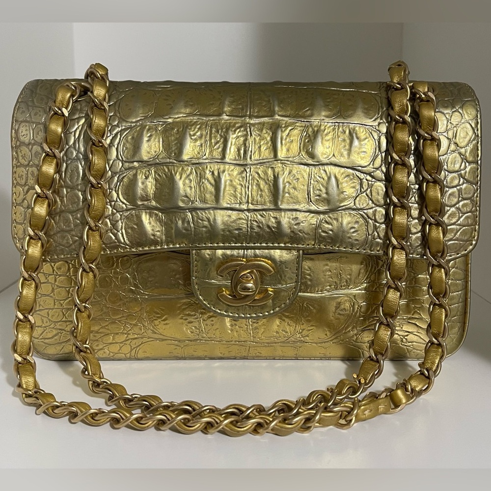 Authentic CHANEL Double Flap Gold Embossed Croc Medium Bag